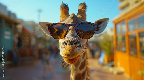 Smiling giraffe with sunglasses on city background. Selective focus. Copy space. Animal care concept. © Inga Bulgakova