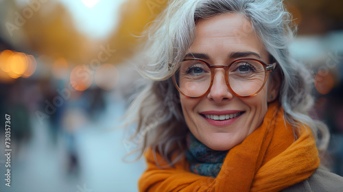 Beautiful mature woman with glasses is outdoors. Autumn time. Transparent background. Selective focus. Copy space. Happiness concept 