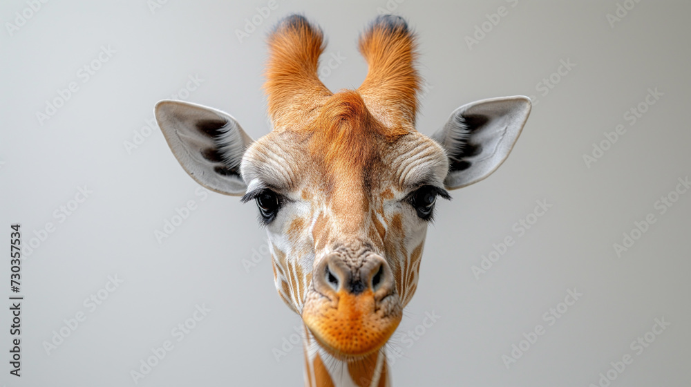 Muzzle of white and orange giraffe with cute ears on grey background. Selective focus. Copy space. Animal care concept. 
