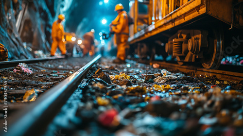 railway track littered with trash, with workers in safety gear inspecting or cleaning the area in an underground setting photo