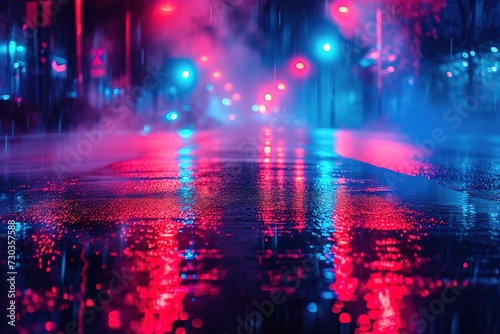 Wet asphalt  reflection of neon lights  a searchlight  smoke. Smoke  smog. Dark background scene of empty street  night view  night city. Neon red and blue light.