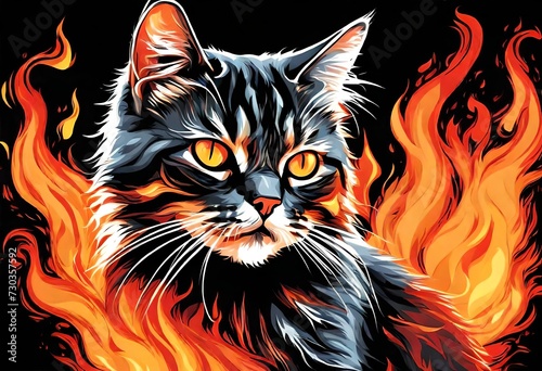 Raster version. Aggressive Fire cat. Concept Image of a Red Wolf and Flame on a Black © Naila