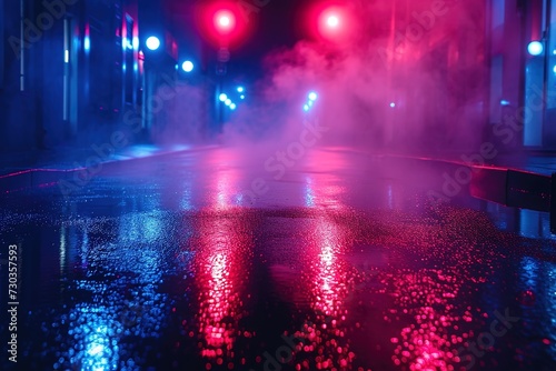 Wet asphalt, reflection of neon lights, a searchlight, smoke. Smoke, smog. Dark background scene of empty street, night view, night city. Neon red and blue light. © WideRangeVisuals
