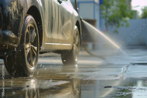 Male car care staff cleaning and washing a car by high pressure washer machine.