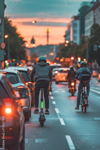 Evening traffic on a busy city street captured in bokeh with cyclists and cars, highlighting urban movement. © Artsaba Family