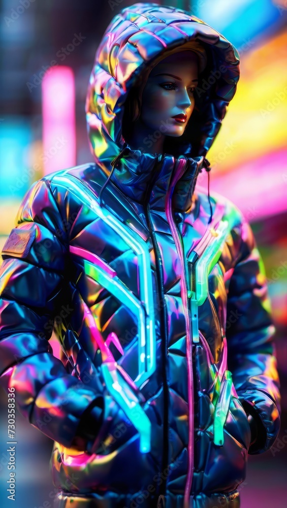 A mannequin dons a shimmering, iridescent jacket against the backdrop of a neon-lit urban street after dusk. A mannequin dons a shimmering, iridescent jacket against the backdrop of a neon-lit urban street after dusk.