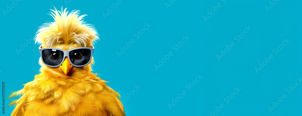 Funny punk chicken with sunglasses, turquoise background and space for text Funny punk chicken with sunglasses, turquoise background and space for text