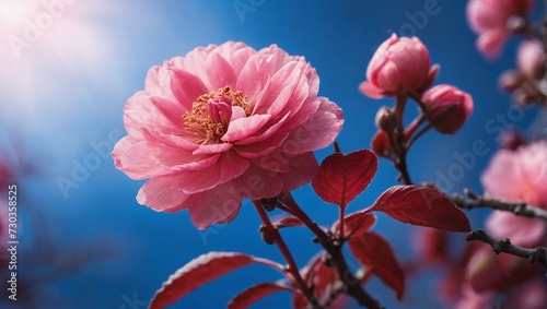 a close up of a pink flower on a branch with blurry lights in the backround of the picture and a blue sky in the backround