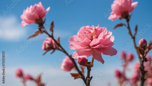 a close up of a pink flower on a branch with blurry lights in the backround of the picture and a blue sky in the backround © Vugar & Salekh