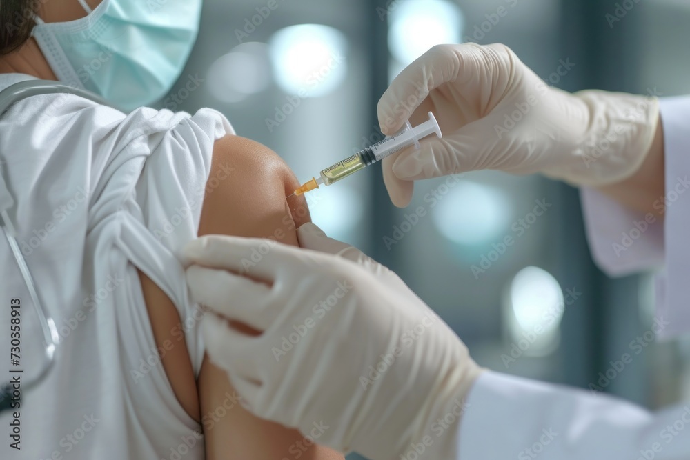 Close up of doctor making a vaccination in the shoulder of patient. Close up of doctor making a vaccination in the shoulder of patient.