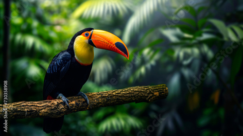 A bright big toucan is sitting on a branch