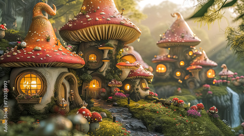 A plant-filled hilltop with charming mushroom houses, a cascading waterfall, and captivating natural landscape.