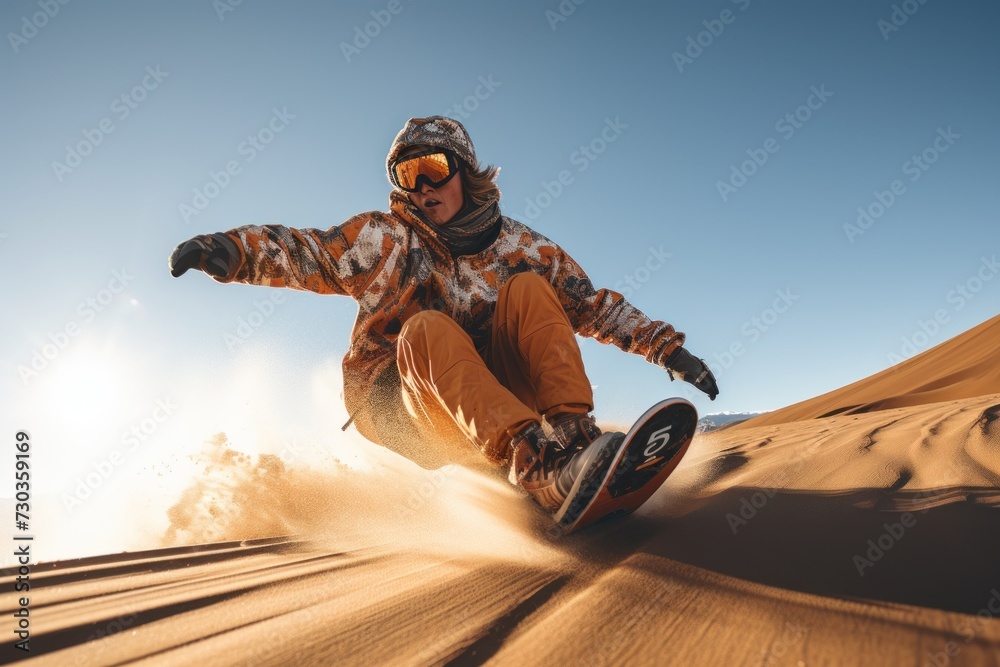Sand boarding, desert safari. Sandboard. Sandboarding, Guy or girl in dunes with energy, freedom and adrenaline. Orange sand - obrazy, fototapety, plakaty 