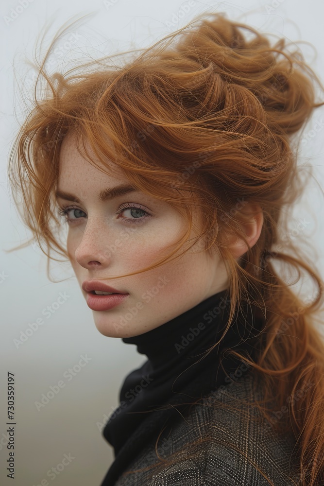 Obraz premium Stunning Portrait of a Caucasian Redhead Woman With Freckles, Intense Gaze, and Windblown Hair - Elegance Through Generative AI.