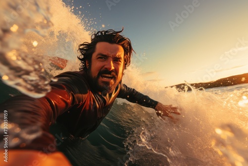 Professional surfer riding waves. man catching waves in ocean Surfing action water board sport. Water sport. Beach swimming activity on summer vacation. extreme sport. surfing at sunset time © masherdraws
