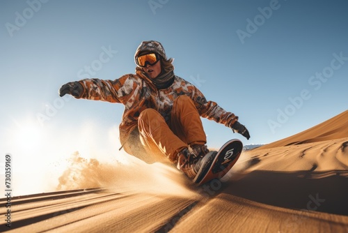 Sand boarding, desert safari. Sandboard. Sandboarding, Guy or girl in dunes with energy, freedom and adrenaline. Orange sand