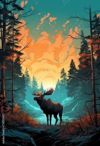 National park vintage colorful posters with deer head moose and and backpack on nature landscapes illustration, Big wild male mammal, Wild Moose in forest jungle, river