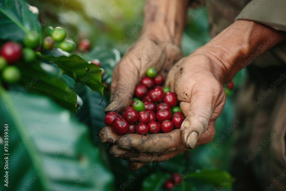 close up hands farmer showing picked red coffee beans in his hands. coffee farmer is harvesting coffee in the farm, arabica coffee. close up hands farmer showing picked red coffee beans in his hands. coffee farmer is harvesting coffee in the farm, arabica coffee.