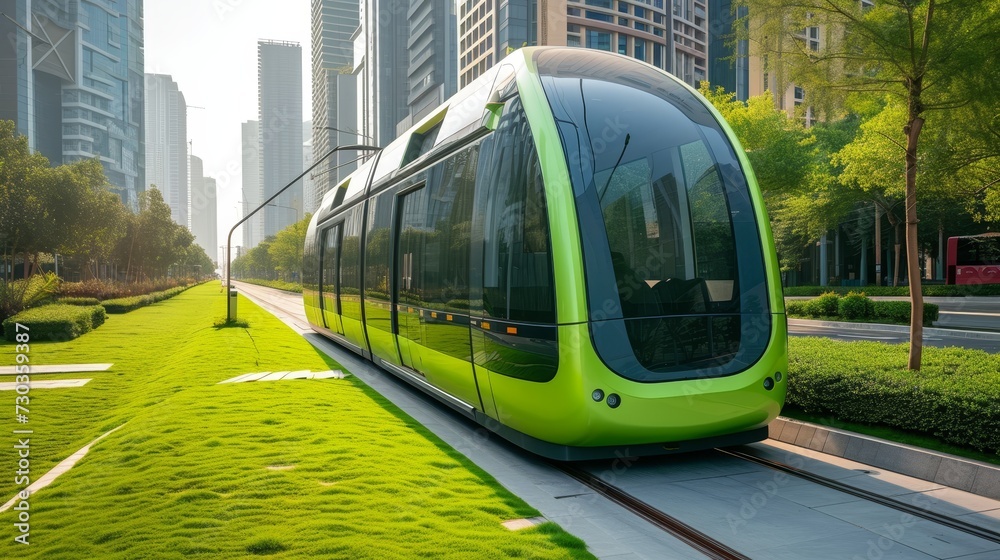 Obraz premium Futuristic green tram moving through a landscaped urban track lined with skyscrapers.