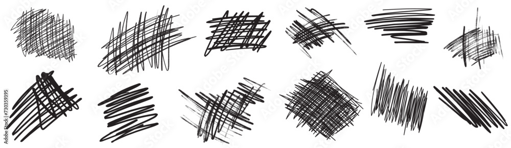 Charcoal scribble stripes and bold paint shapes. Childrens crayon or marker doodle rouge handdrawn scratches. Vector illustration of squiggles in marker sketch style - obrazy, fototapety, plakaty 