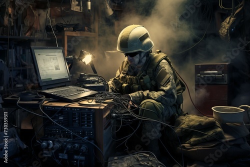 Precise Military team defuses computer technology. Military digital operation for enemy deactivation. Generate ai