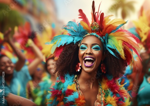 Beautiful Brazilian woman, dressed in carnival clothes, dancing. Brazilian wearing Samba Costume, beautiful samba dancer performing at Carnival. Portrait. Happy smile woman. © masherdraws