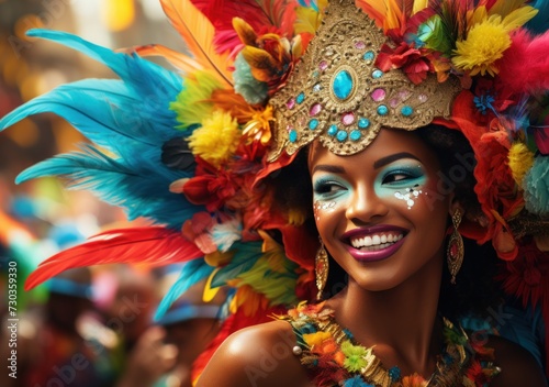 Beautiful Brazilian woman, dressed in carnival clothes, dancing. Brazilian wearing Samba Costume, beautiful samba dancer performing at Carnival. Portrait. Happy smile woman.