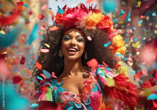 Beautiful Brazilian woman, dressed in carnival clothes, dancing. Brazilian wearing Samba Costume, beautiful samba dancer performing at Carnival. Portrait. Happy smile woman.