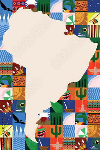 South american map, pattern design icons and simbols - mosaic with vivid colors photo