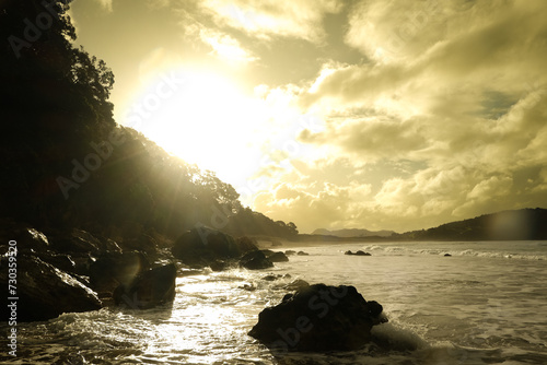 Golden Sunlight Over Coastal Rocks in New Zealand