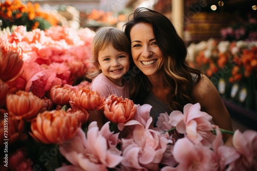 Happy Mother's day. Child daughter and her mother smiling happily surrounded by a huge array of flowers. Spring summer time, flower market with fresh flowers.