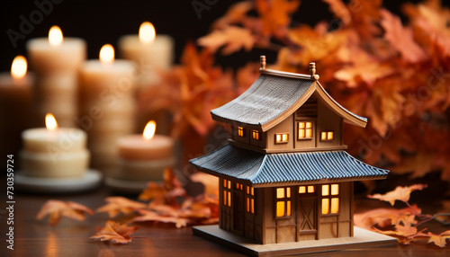 Autumn candle illuminates wood, symbolizing spirituality in nature generated by AI