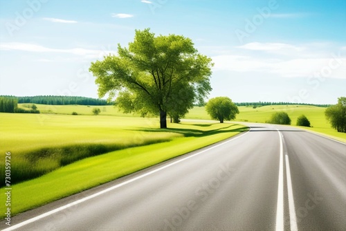 Gray asphalt road with white markings in the summer. Grass and trees grow along the edges of the road