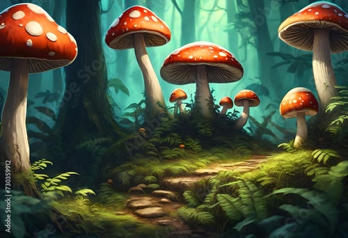 Magical luminous glowing mushroom in a mystical forest in night