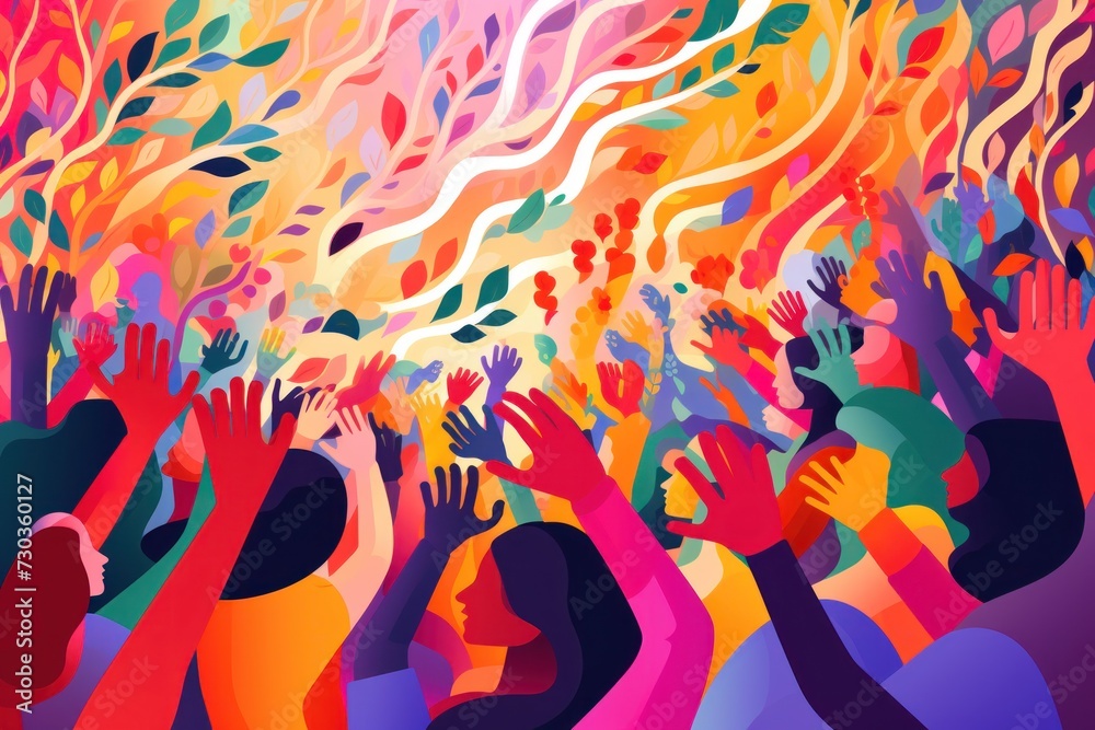 Happy Women's day. colorful Concept of feminine power, feminism, equality, tolerance. Women raised their hand up to the sky. March 8. Spring holidays, collaborative activity, Happy Women's day. colorful Concept of feminine power, feminism, equality, tolerance. Women raised their hand up to the sky. March 8. Spring holidays, collaborative activity,