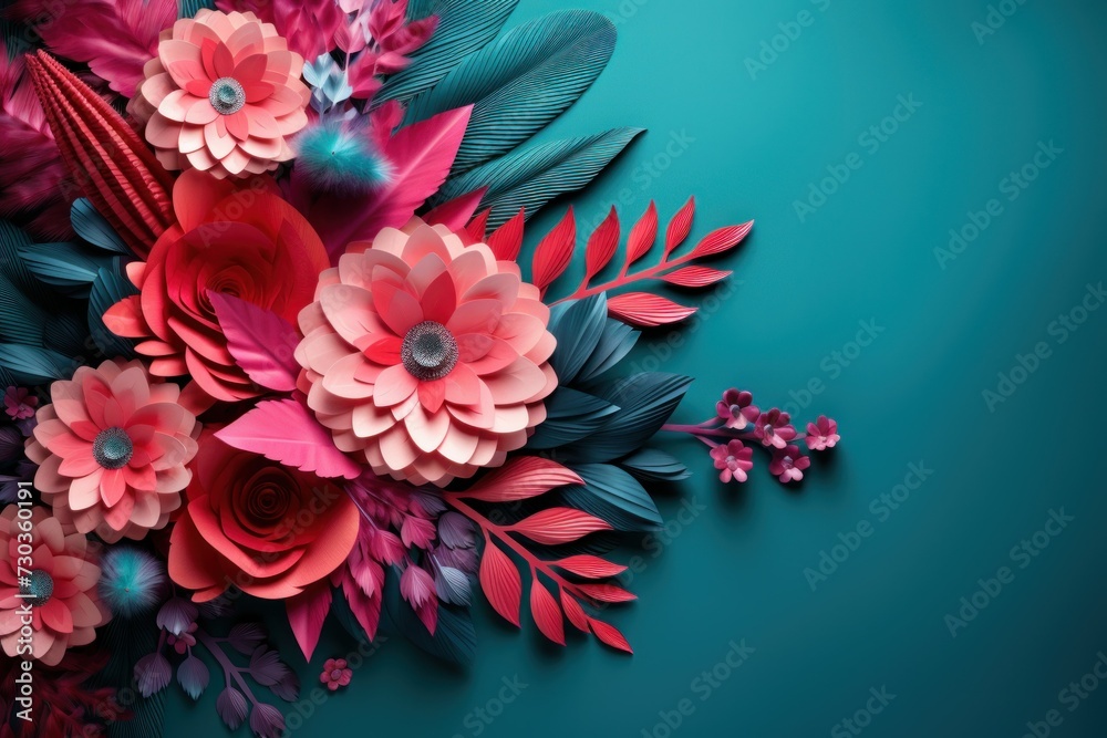 Paper cut floral bouquet, Flower paper craft style. Mother's day. Happy Women's day. Botanical 8 March. Invitation banner. Postcard. Pink and blue colors, Spring summer time