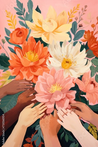 Happy Women's day. Concept of feminine power, feminism, equality, tolerance. Women raised their hand with flowers. March 8. Spring holidays.