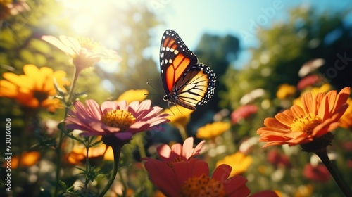 A butterfly flying among flowers, sunset background