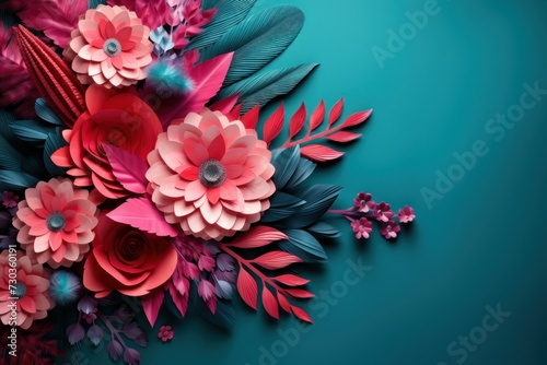 Paper cut floral bouquet, Flower paper craft style. Mother's day. Happy Women's day. Botanical 8 March. Invitation banner. Postcard. Pink and blue colors, Spring summer time