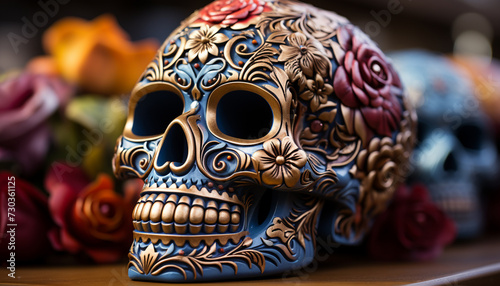 Spooky Halloween decoration  skull, pumpkin, and ghost on wood generated by AI