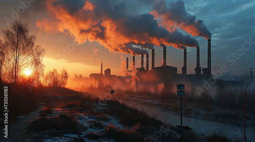 dramatic sunrise behind an industrial factory with multiple smokestacks, as plumes of smoke rise into the reddened sky above a frosty landscape