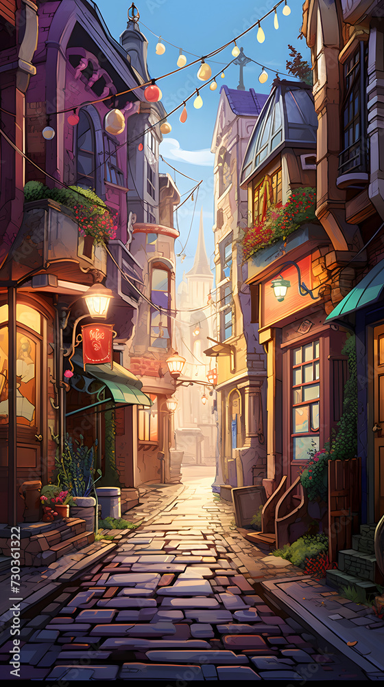 Cool illustrated  side street, side street, beautiful illustrated street