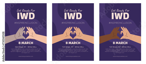 IWD Inspire Inclusion campaign, International Women's Day 2024 Poster collection features variety of hands showing the heart gesture. Vector hand drawn illustration in flat style