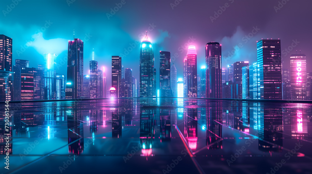 a futuristic cityscape captured during the blue hour, where the transition from day to night paints the sky in mesmerizing shades of deep blue and violet