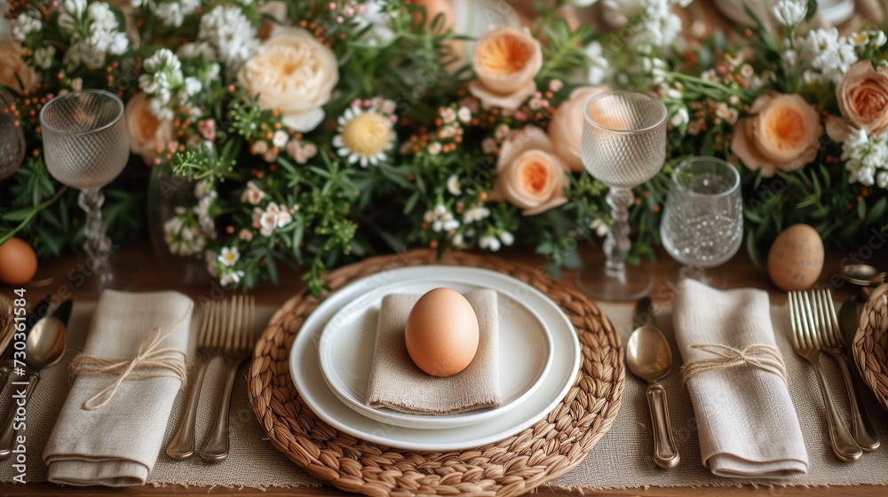 Easter table setting with bunny ears made of egg and napkin on light grey background. Happy Easter holiday concept