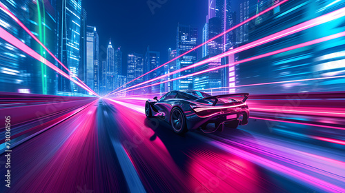 a modern car slicing through the heart of a futuristic city at night, where the urban landscape comes alive with neon lights