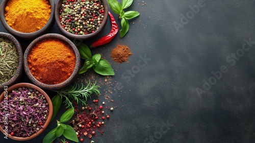 Colorful collection spices and herbs on background black table. Mediterranean condiments for decorating packing with food