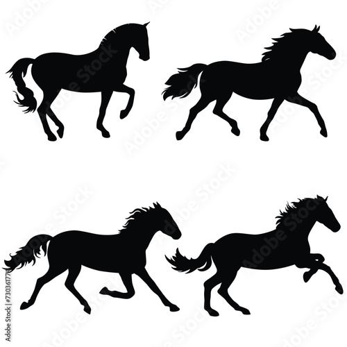 Isolated silhouettes of horses, vector clipart set