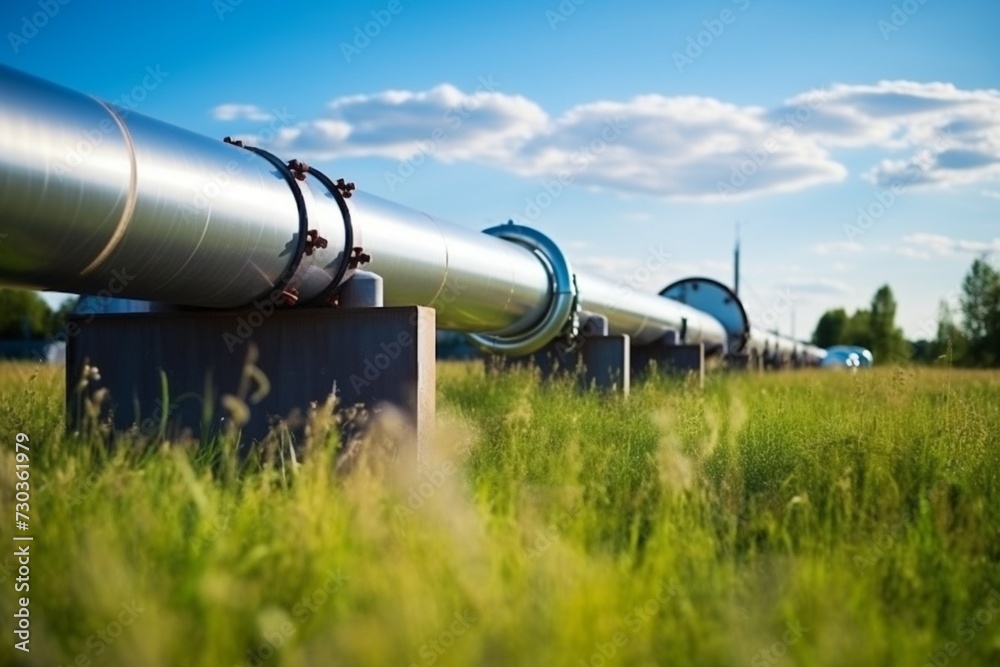Gas pipeline pipes in a field, close-up. Green energy is an alternative use of nature. Gas export, Pipeline. Gas pipeline pipes in a field, close-up. Green energy is an alternative use of nature. Gas export, Pipeline.