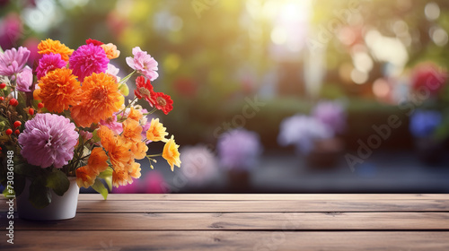 Wood table with flowers on blurred background